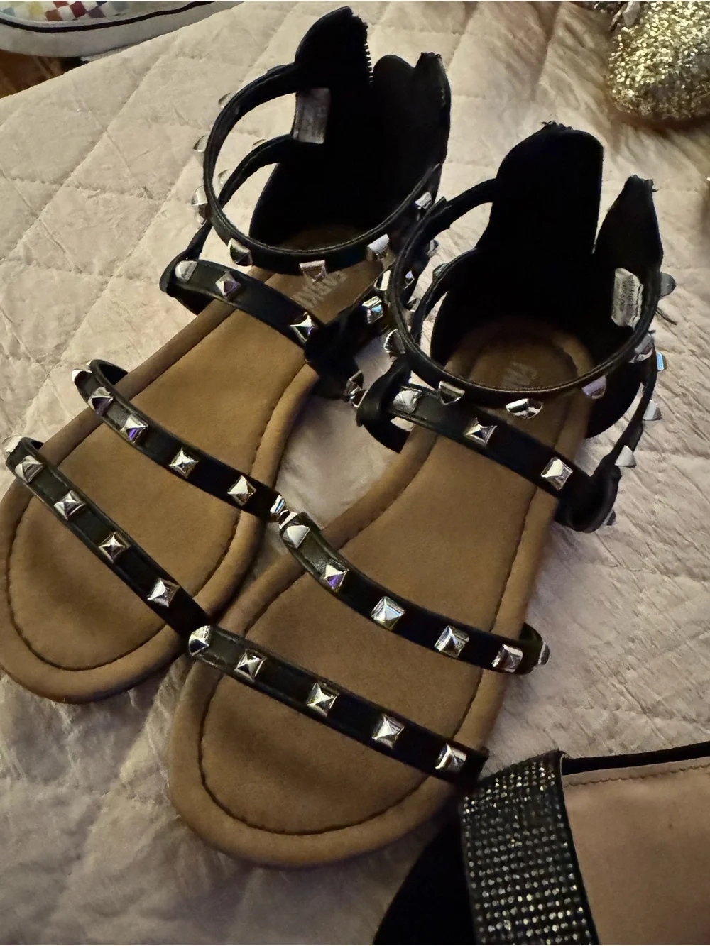 Set of 2 pair Black Girls' Dress Sandals with Studded Straps/heels